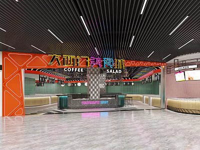 Modern Western Casual Dining Restaurant Featuring Coffee Salad Orange Geometric Decor And Checkered Bar 3d model