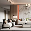 New Chinese Living Room Interior With Landscape Painting Wall Chandelier Sofa And Coffee Table