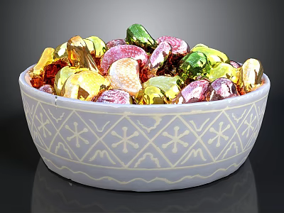 White Decorative Bowl With Snowflake Pattern Filled Colorful Gold Green Pink Wrapped Candies 3d model