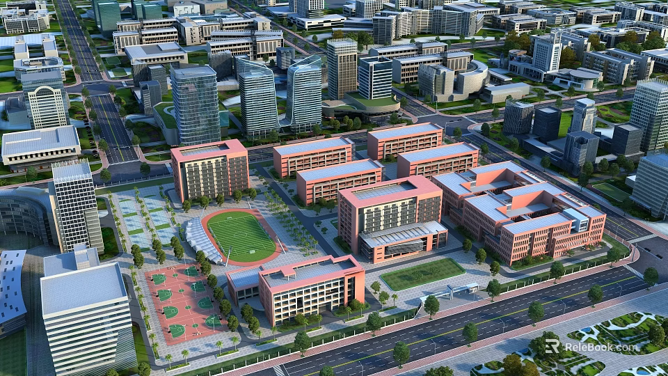 Aerial View Of School Campus With Buildings And Sports Field 3d model 