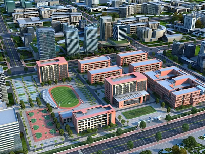 Aerial View Of School Campus With Buildings And Sports Field 3d model