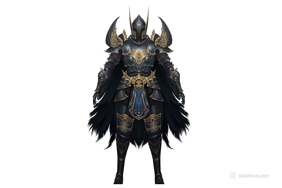 Game Movie Character Wearing Ornate Armor With Golden Accents Spiked Helmet And Black Cape 3d model 