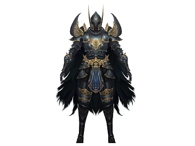 Game Movie Character Wearing Ornate Armor With Golden Accents Spiked Helmet And Black Cape 3d model
