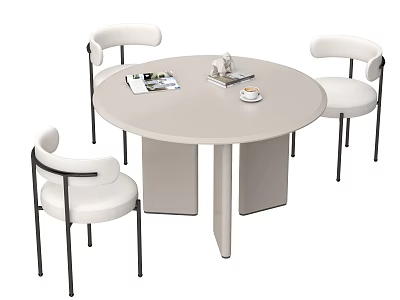Modern Round Light Dining Table Set With White Chairs Black Metal Frames And Decorative Items 3d model
