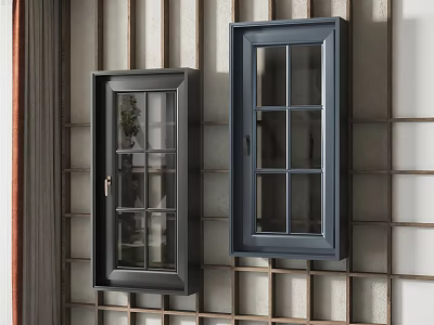 Wall Mounted Glass Door Cabinets On Grid Patterned Wall Interior Decor 3d model