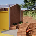 Brick Garden Landscape With Tree Steps Orange Circular Structures And Yellow Ground Patterns 3d model