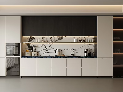 Modern Kitchen Built in Wine Cabinet With Glass Doors Marble Counter And LED Lighting 3d model