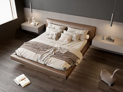 Contemporary Double Bed Bedroom Interior With Leather Headboard Plush Pillows And Wooden Floor 3d model