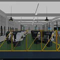 Factory Workshop Interior With Yellow Fences Machine Tools Green Floor And Hanging Lamps