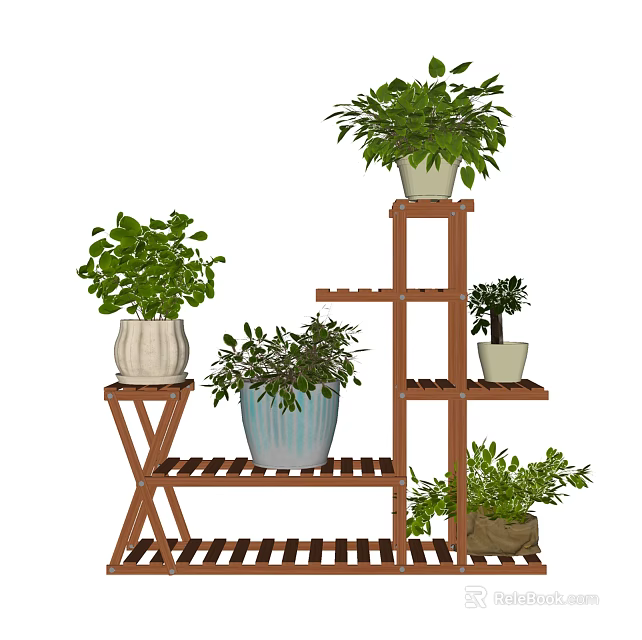 Stylish Garden Decor With Multi Tiered Wooden Plant Stand And Green Potted Plants 3d model 