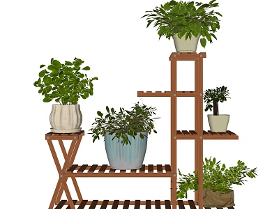 Stylish Garden Decor With Multi Tiered Wooden Plant Stand And Green Potted Plants 3d model