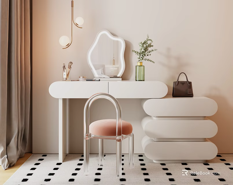 Modern White Dressing Table with Irregular Mirror Pink Cushion Clear Chair and Green Plant Vase 3d model 