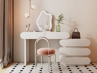 Modern White Dressing Table with Irregular Mirror Pink Cushion Clear Chair and Green Plant Vase 3d model