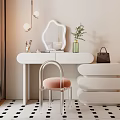 Modern White Dressing Table with Irregular Mirror Pink Cushion Clear Chair and Green Plant Vase