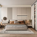Modern Bedroom Interior With Large Bed Built-in Wardrobe Blinds And Area Rug