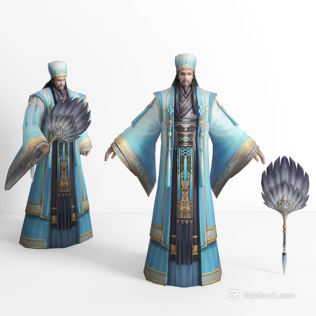 Ancient Characters In Blue White Traditional Robes With Feather Fans And Hats 3d model 