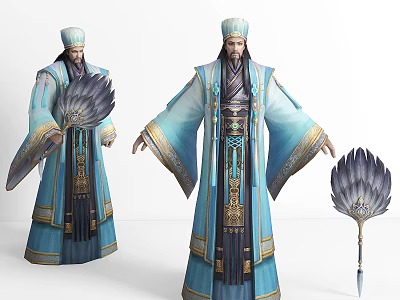 Ancient Characters In Blue White Traditional Robes With Feather Fans And Hats 3d model