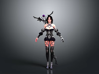 Female Fantasy Character In Black Detailed Costume With Winged Accessories And Purple Gem 3d model
