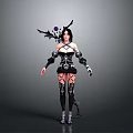Female Fantasy Character In Black Detailed Costume With Winged Accessories And Purple Gem