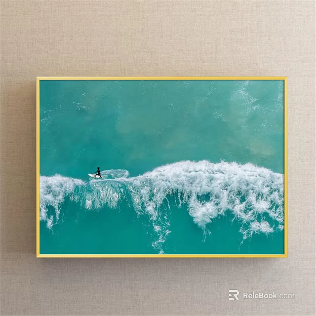 Landscape Painting Of Teal Sea Water With Surfer On White Waves And Golden Frame 3d model 