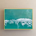 Landscape Painting Of Teal Sea Water With Surfer On White Waves And Golden Frame