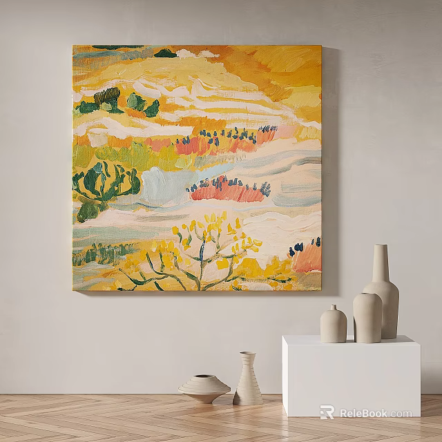 Abstract Painting With Vibrant Colors Natural Elements On White Wall Minimalist Shelf And Ceramic Vases 3d model 