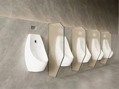 White Urinals in Modern Bathroom with Hexagonal Mirrors and Gray Marble Walls 3d model
