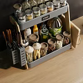 Practical Kitchen Organizer Rack With Spice Bottles Knives Storage Jars And Olive Oil
