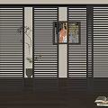 Modern Interior Featuring Dark Louvered Doors As Partition With Wood Floor Potted Plant And Art