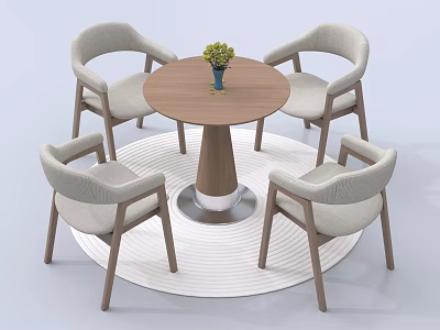 Modern Round Wooden Negotiation Table With Four Light Gray Armchairs And Vase On White Rug 3d model