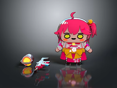 Cute Pink Haired Cartoon Character with Floral Outfit and Mini Mechanical Devices 3d model
