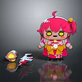 Cute Pink Haired Cartoon Character with Floral Outfit and Mini Mechanical Devices