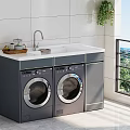 Modern Bathroom Cabinet Rack With Double Washing Machines White Countertop And Faucet