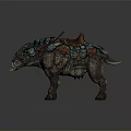 Heavy Armored Mythical Creature Mount With Leather Saddle Sharp Tusks And Metal Plates