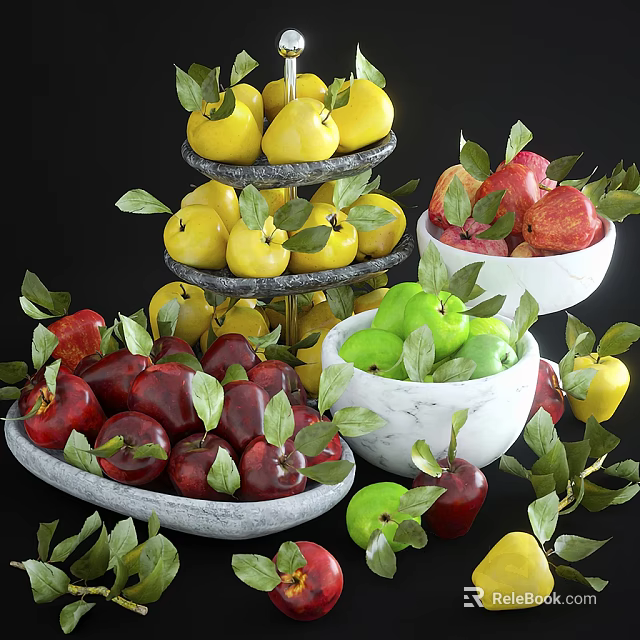 Fresh Assorted Fruits on Three Tiered Stand and Marble Bowls with Green Leaves 3d model 