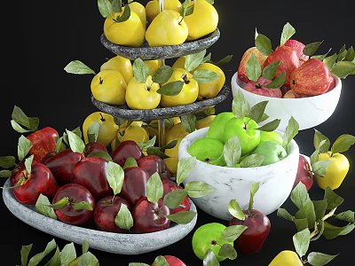 Fresh Assorted Fruits on Three Tiered Stand and Marble Bowls with Green Leaves 3d model