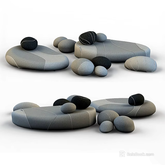 Gray Stone Shaped Table and Chair Set with Various Sizes Stone Tables Stools Stitched Surface Design 3d model