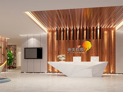 Elegant Modern Reception Desk Interior With White Marble Top Wooden Slat Wall And Warm Lighting 3d model
