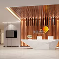 Elegant Modern Reception Desk Interior With White Marble Top Wooden Slat Wall And Warm Lighting
