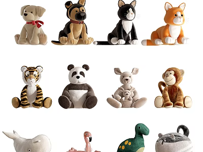 Cute Soft Plush Stuffed Toys With Various Animal Designs For Kids 3d model