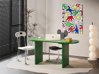 Modern Home Office Interior Design With Green Desk Laptop And Colorful Abstract Art 3d model
