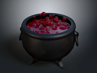Black Cauldron With Red Liquid And Floating Red Cherries On Gray Background 3d model