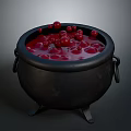 Black Cauldron With Red Liquid And Floating Red Cherries On Gray Background