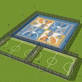 Outdoor Basketball Court With Colorful Design And Adjacent Soccer Field Surrounded By Trees