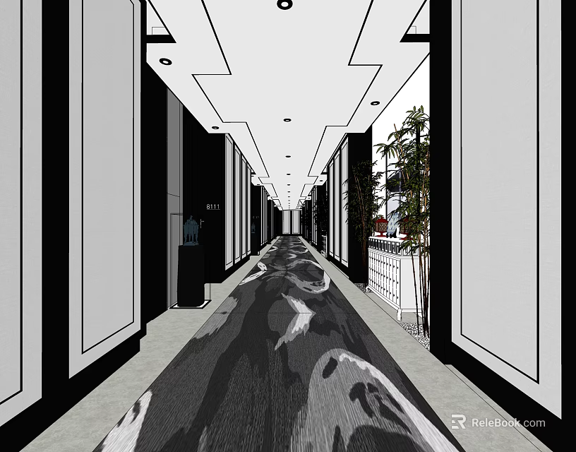 Elevator Hallway With Long Corridor Patterned Carpet Ceiling Lights And Decorative Plants 3d model 