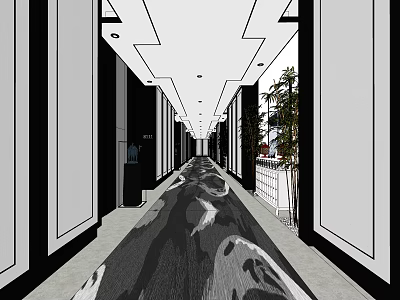 Elevator Hallway With Long Corridor Patterned Carpet Ceiling Lights And Decorative Plants 3d model