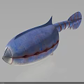 Blue And Red Striped Fish Like Creature With Pointed Snout Red Openings On Gray Background
