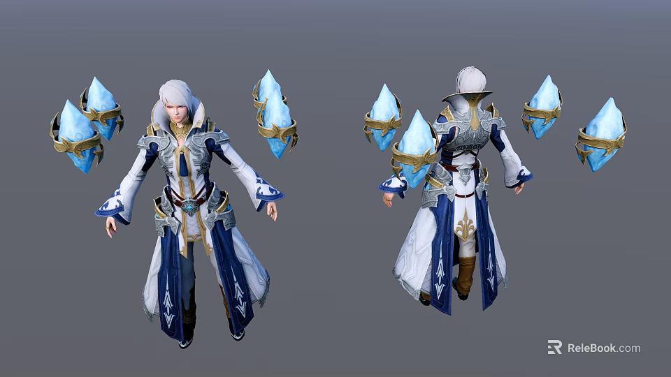 3D Model Of Game Character With White Hair Blue And White Robe Holding Ice Weapons 3d model 