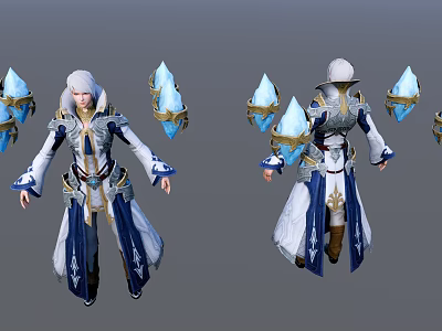 3D Model Of Game Character With White Hair Blue And White Robe Holding Ice Weapons 3d model
