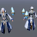 3D Model Of Game Character With White Hair Blue And White Robe Holding Ice Weapons